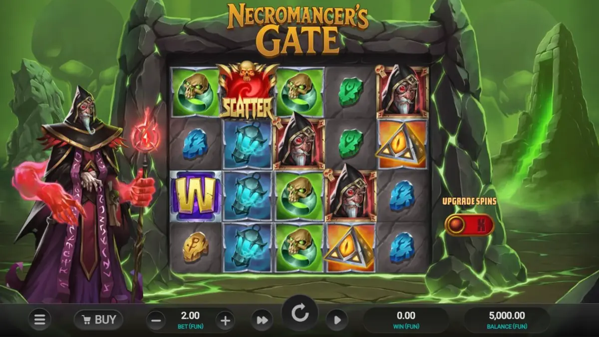 Tampilan visual slot Necromancer’s Gate dengan nuansa gotik dan tengkorak neon.